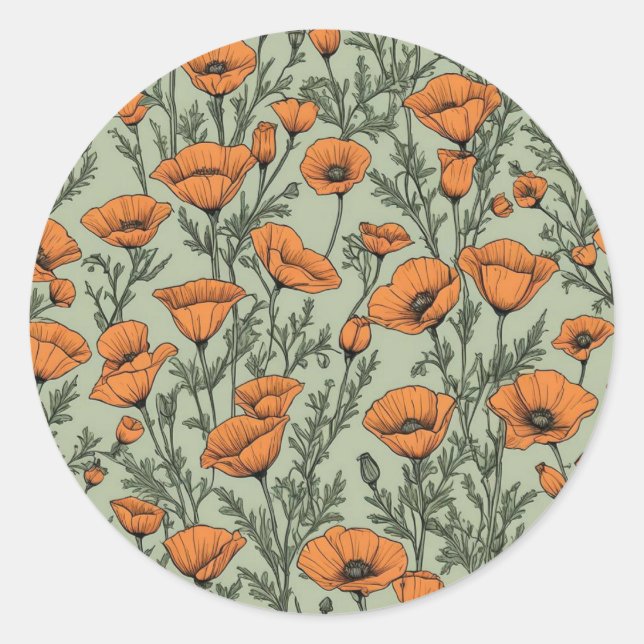 California Poppy Orange Blume Muster Runder Aufkleber (Vorderseite)