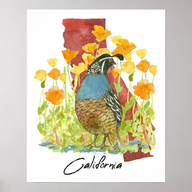 California Quail Bird Poppies State Shape Poster (Vorne)