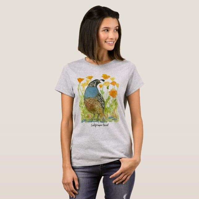California Quail Staat Bird Orange Poppies T-Shirt (Vorne ganz)