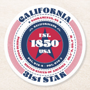 California Red White Blue Typografy Runder Pappuntersetzer