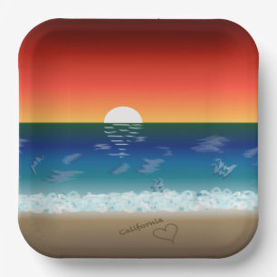California-Sonnenuntergang   Strand Sand Herz Pappteller