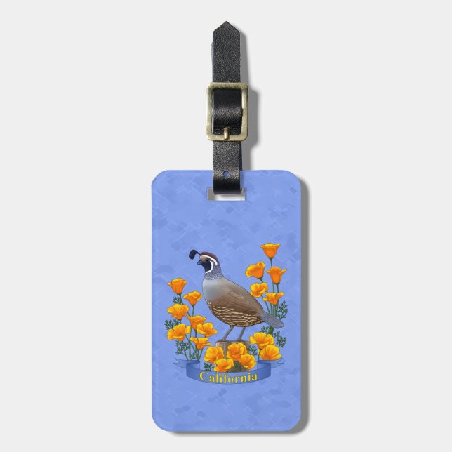 California Staat Bird Quail & Golden Poppy Gepäckanhänger (Vorderseite vertikal)