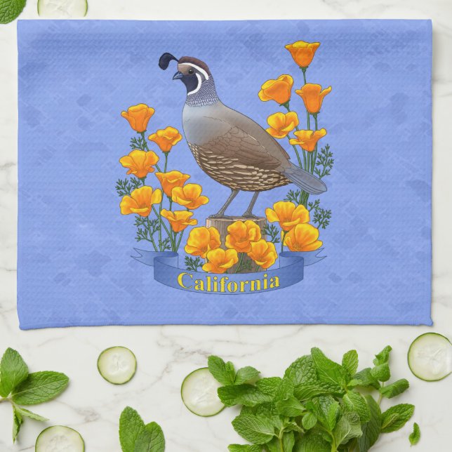 California Staat Bird Quail & Golden Poppy Geschirrtuch (Gefaltet)