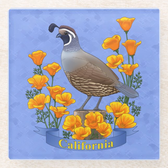California Staat Bird Quail & Golden Poppy Glasuntersetzer (Vorderseite)