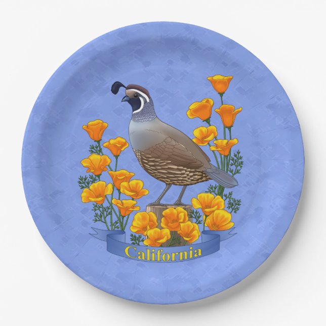 California Staat Bird Quail & Golden Poppy Pappteller (Vorderseite)