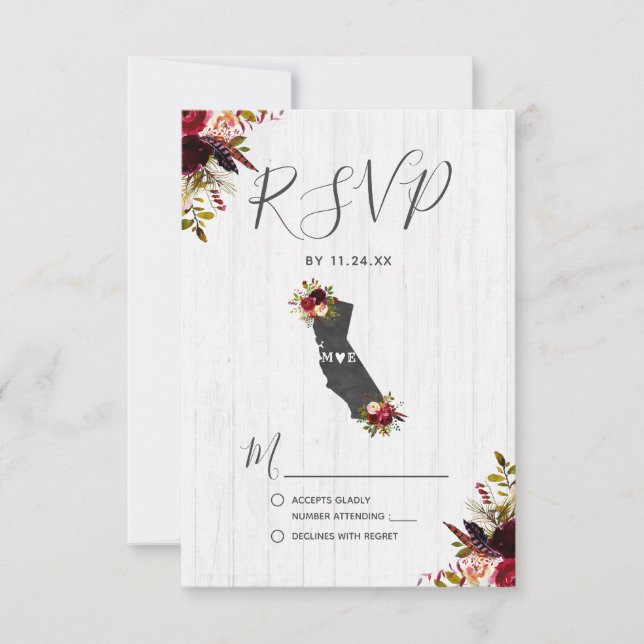 California Staat Destination Rustic Wedding RSVP Karte (Vorderseite)