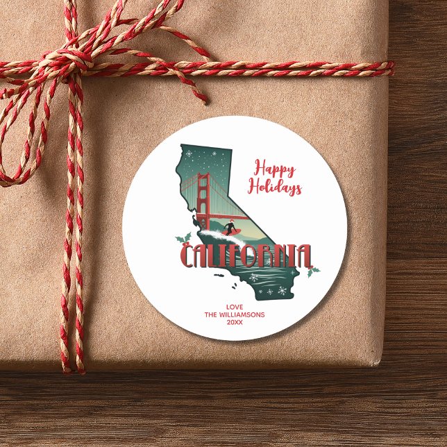 California Staat Happy Holidays Custom Text Year Runder Aufkleber (Personalize with your greeting, family name and year.  Matching items in the collection.)