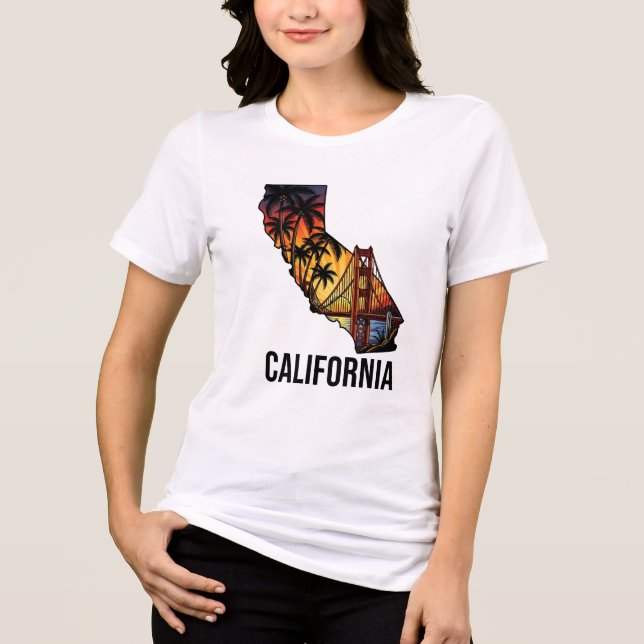 California Staat Kontur Tattoo Style Palmen Tri-Blend Shirt (Vorderseite)