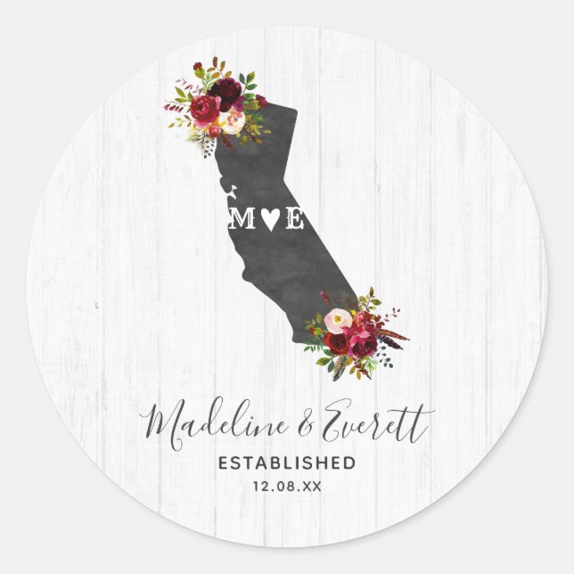 California Staat Rustic Floral Wedgram Runder Aufkleber (Vorderseite)