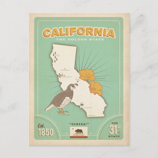 California Staaten Map | Der goldene Staat Postkarte (Vorderseite)