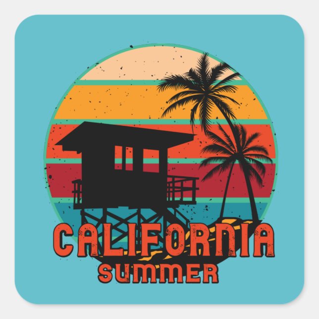 California Summer Beach Lifeguard Tower Quadratischer Aufkleber (Vorderseite)