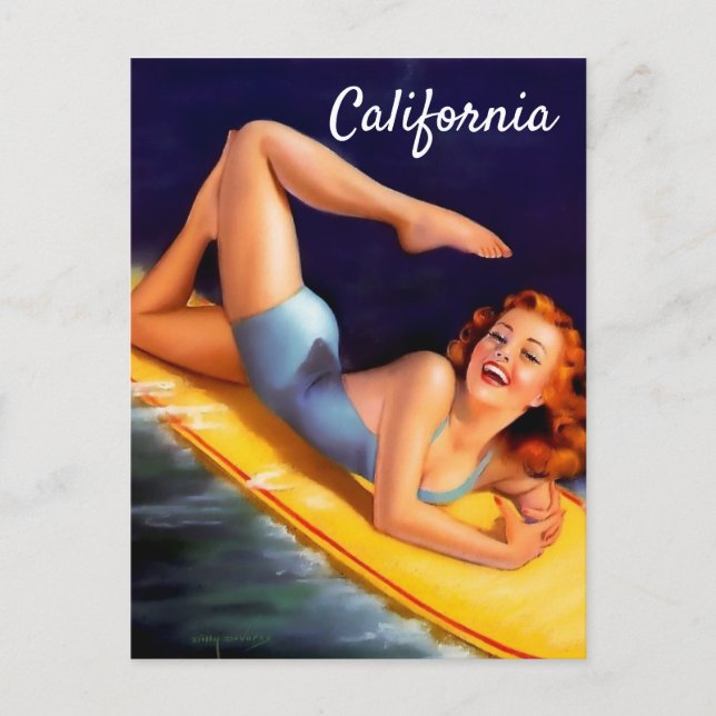 California Surfer Girl Vintages Button hoch Postkarte (Vorderseite)