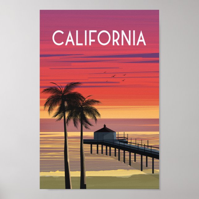 California Travel Poster Palmiers de plage en Cali (Devant)