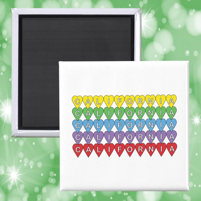 California US Staat Hearts Colorful Magnet (A magnet with the word California in yellow, green, blue, purple and red hearts)
