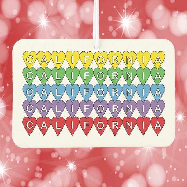 California US Staat Herzmuster Autolufterfrischer (An air freshener with the word California in yellow, green, blue, purple and red hearts)