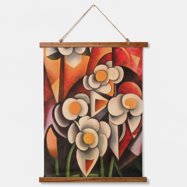 Calla Lilies Geometrische Kunst Abstrakt in braune Wandteppich Mit Holzrahmen (Vorderseite)