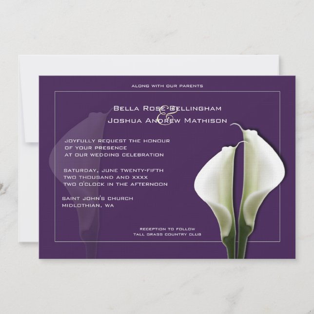 Calla Lilies Wedding Einladung auf Lila (Vorderseite)