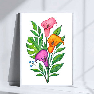 Calla Lillies Blumengezeichnet mit Buntstiften Poster