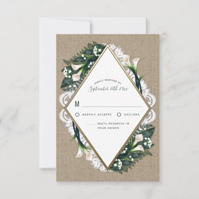 Calla Lily Burlap et Cartes RSVP de mariage de den (Devant)