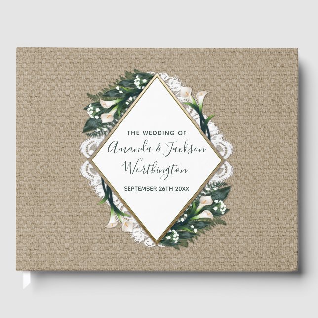 Calla Lily Burlap und Lace Wedding Gästebuch (Vorderseite)