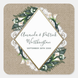 Calla Lily Burlap- und Spitzen-Gastgeschenk Hochze Quadratischer Aufkleber