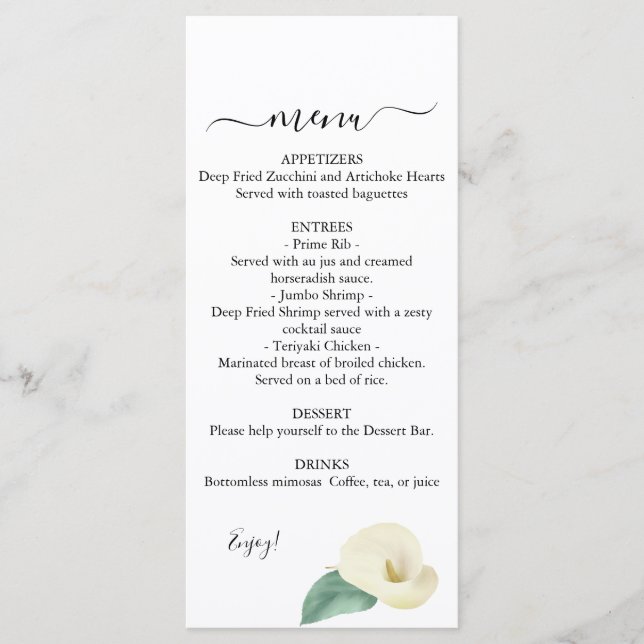 Calla Lily Greenerity Wedding Menu Menükarte (Vorderseite)