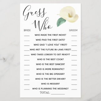 Calla Lily Guess Who Brautparty Spielkarte Flyer