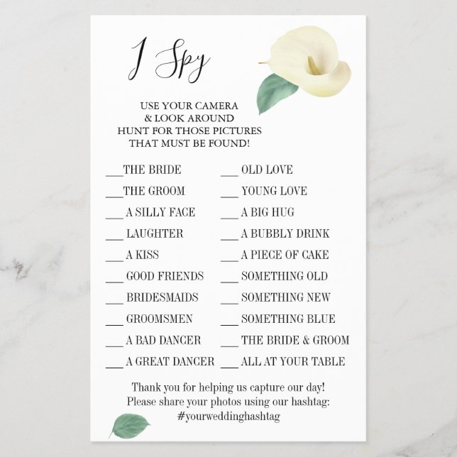 Calla Lily I spy Hochzeitsspielkarte Flyer (Vorne)