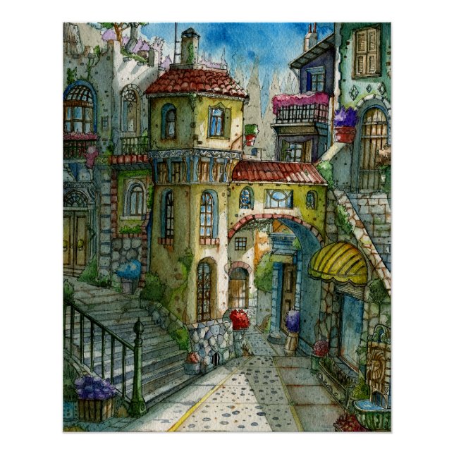 Callejón de Cuento de Hadas en Acuarela  Poster (Vorderseite)