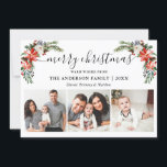 Calligrafie 3 Foto Wasserfarbe Winter Floral Feiertagskarte<br><div class="desc">Moderne Kalligraphie-Skripte. Die elegante Winter Floral 3 Foto Merry Christmas Card beinhaltet wunderschöne Aquarelltaschen,  botanische Vegetation,  winterliche Blätter,  Heilige Beeren,  Rosen,  Baumwolle,  Kiefern und blaue Beeren.</div>