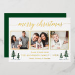 Calligrafie 3 Foto Weihnachtsgrün Pines Gold Folien Feiertagskarte<br><div class="desc">Modern Calligrafy Gold Foil Script 3 Foto Family Foto Collage Die Weihnachtskarte enthält Watercolor Pine Trees - Ihre Fotos in goldfarbenen Rahmen mit einem Forest Green Back</div>