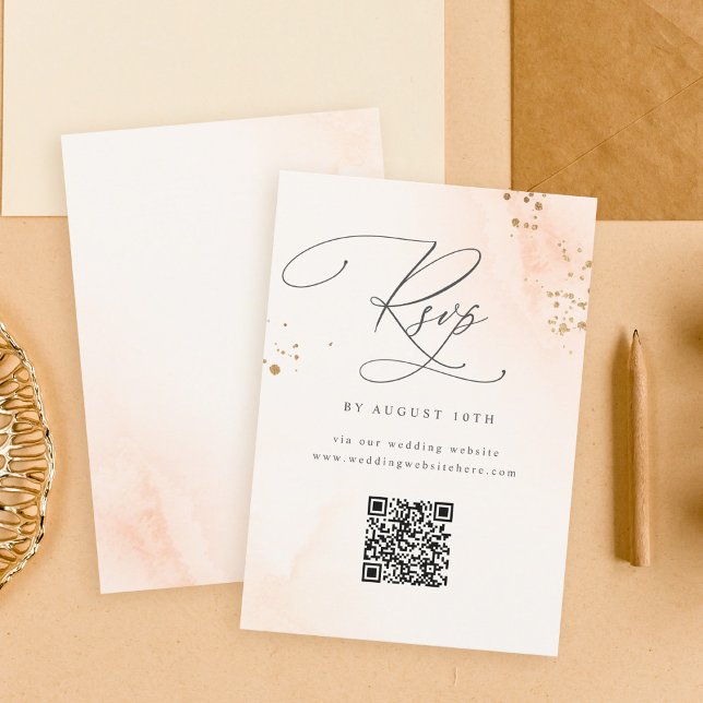 Calligrafie Blush Pink Wasserfarbe Hochzeit QR RSVP Karte (Von Creator hochgeladen)