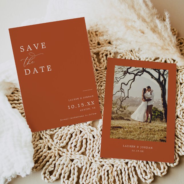 Calligrafie Burnt Orange Foto Wedding Save The Date (Von Creator hochgeladen)