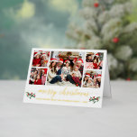 Calligrafie Christmas 5 Foto Holly Berries Gold<br><div class="desc">Moderne Kalligrafie Gold Foil Script 5 Foto Familienfoto Collage Frohe Weihnachten geklappte Grußkarte beinhaltet Weihnachtsweihnachtsgebirge und Grüne</div>