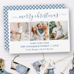 Calligrafie Christmas Dusty Blue Gingham 3 Foto Feiertagskarte<br><div class="desc">Modern Trendy Calligrafy Script 3 Foto Family Foto Collage Frohe Weihnachtskarte - Dusty Blue und White Gingham Kariert</div>