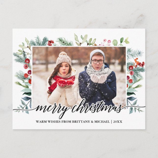 Calligrafie Christmas Greenery Couple Foto Postkarte (Vorderseite)