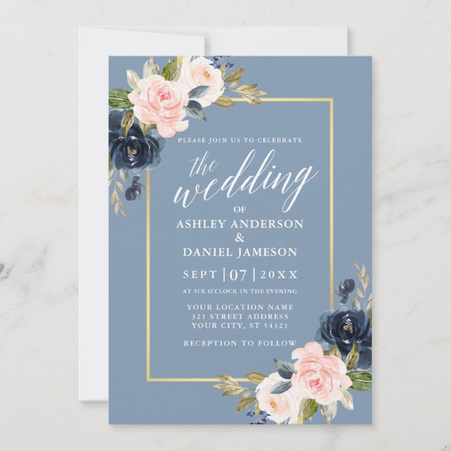 Calligrafie Dusty Blue Pink Floral Gold Rahmen Einladung (Vorderseite)