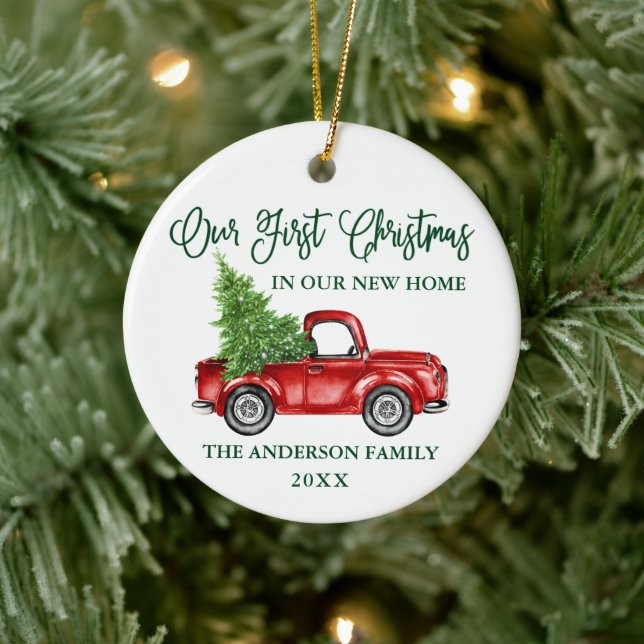 Calligrafie First Christmas New Zuhause Truck Keramik Ornament (Baum)
