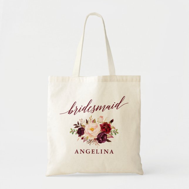 Calligrafie Floral Burgundy Bridesmaid Name Tragetasche (Vorne)