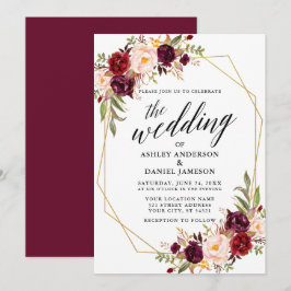 Calligrafie Floral Burgundy Geometric Wedding Einladung