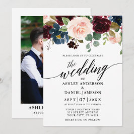Calligrafie Floral Burgundy Pink Foto Wedding Einladung