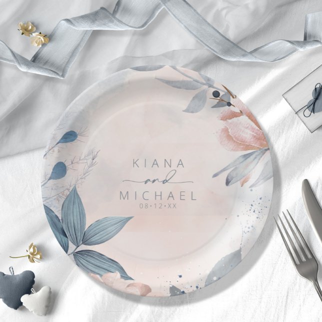 Calligrafie Floral Wedding Dusty Blue ID771 Pappteller (Von Creator hochgeladen)