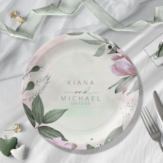 Calligrafie Floral Wedding Mauve ID771 Pappteller (Von Creator hochgeladen)