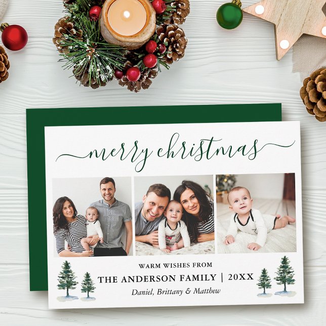 Calligrafie Frohe Weihnachten 3 Foto Grüne Pinien (Customize to add text to back of card or to change color of back of card.)