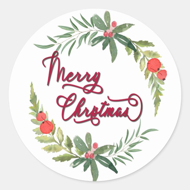 Calligrafie Frohe Weihnachts-botanischen Kranz-Cla Runder Aufkleber (Vorderseite)