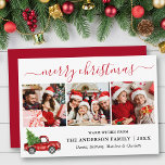 Calligrafie Frohe Weihnachts-Red Truck 3 Foto Feiertagskarte<br><div class="desc">Modernes Kalligrafie Script 3 Foto Familienfoto Collage Die Weihnachtskarte enthält Vintagen Rotkäppchen mit Tree - Rote Schrift</div>