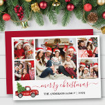 Calligrafie Frohe Weihnachts-Red Truck 5 Foto Feiertagskarte<br><div class="desc">Modernes Kalligrafie Script 5 Foto Familienfoto Collage Die frohe Weihnachtskarte enthält Watercolor Vintag Red Truck with Tree - Red Script</div>