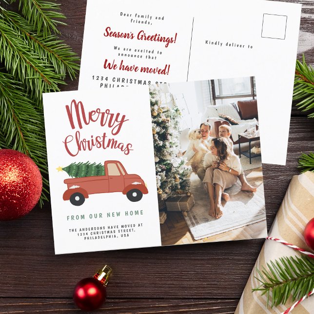 Calligrafie Frohe Weihnachtsbaum Red Car Moving Ankündigungspostkarte (Von Creator hochgeladen)