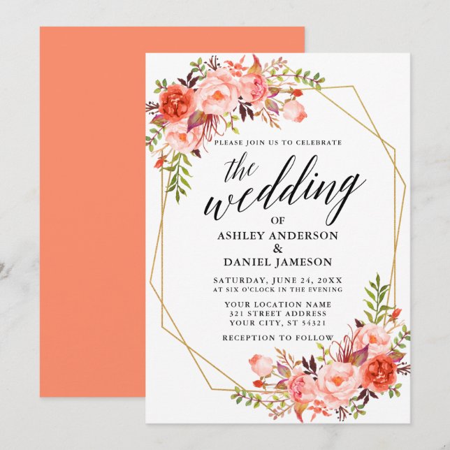 Calligrafie Geometric Coral Floral Wedding Einladung (Vorne/Hinten)
