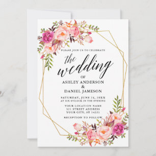 Calligrafie Geometric Wedding Pink Blush Floral Einladung